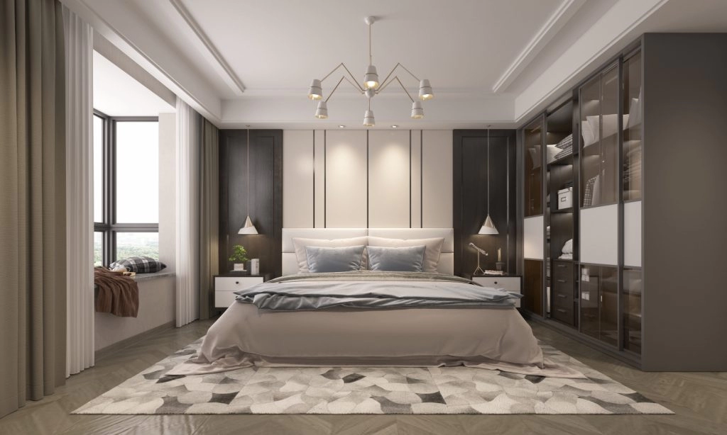 Modern luxury bedroom featuring stylish design with gray tones, elegant lighting, and spacious storage solutions.