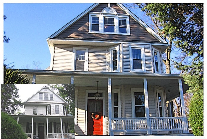 Victorian-style house in Catonsville with a new porch, showcasing renovation details and a bright orange door.