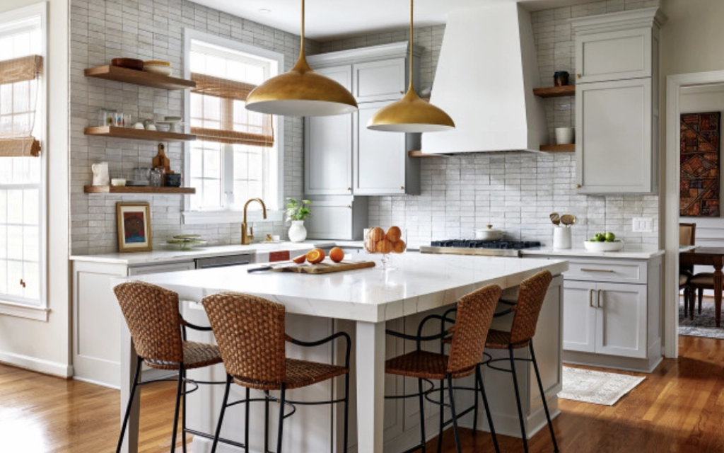 Stylish modern kitchen featuring warm neutral colors, sleek cabinetry, and elegant pendant lights over a white island.