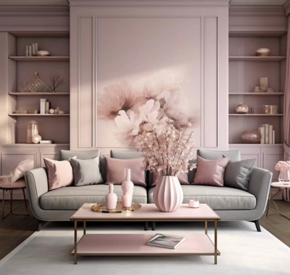 Cozy living room featuring a pink and gray color scheme with floral decor and soft textiles for Valentine's Day.
