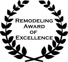 Laurel wreath design featuring the text 'Remodeling Award of Excellence' for a construction company.