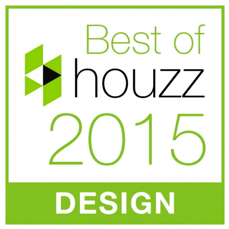 Best of Houzz 2015 award badge for design, featuring green and black geometric shapes, celebrating top remodeling professionals.