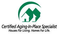 Logo of Certified Aging-In-Place Specialist featuring green houses and mountains, symbolizing home remodeling expertise.