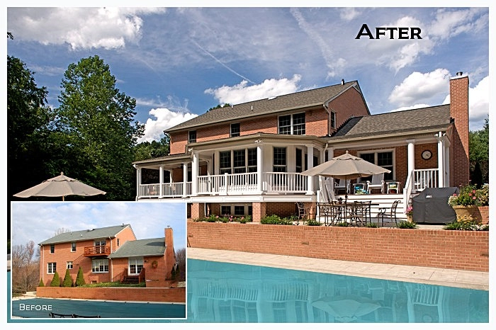 Stunning home renovation showcasing a brick exterior and expansive deck overlooking a pool area.