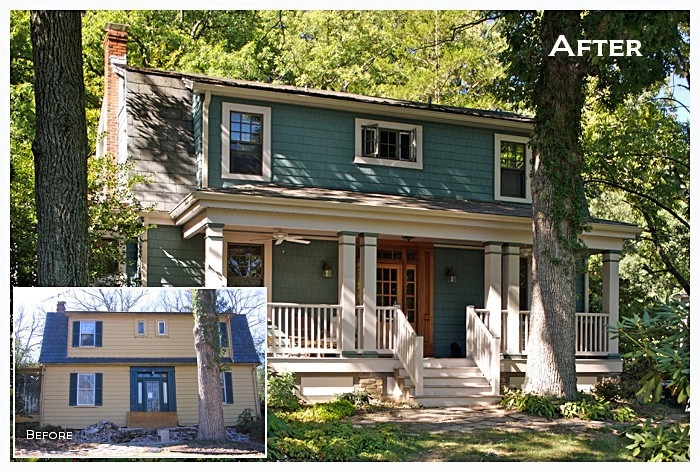 Transformed two-story home exterior with green siding and white trim, showcasing a porch and landscaping.