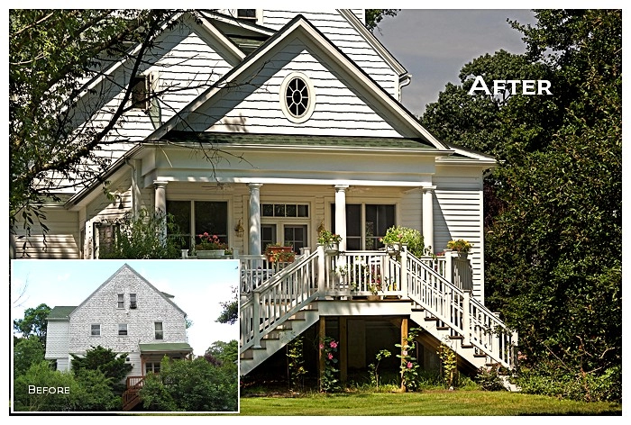 Renovated two-story house with white siding, porch, and new stairs in Catonsville, showcasing construction expertise.