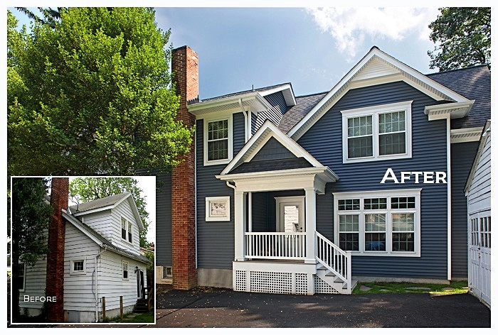 Exterior remodeling transformation showcasing a blue siding house with white trim and a new porch.