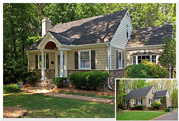 Charming single-story home with a gabled roof, stone accents, and lush green landscaping, ideal for cozy living.