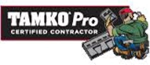 TAMKO Pro Certified Contractor logo featuring a construction worker holding building materials, emphasizing quality in construction.