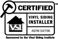 Certified Vinyl Siding Installer badge featuring a house icon and hammer, emphasizing quality construction services.