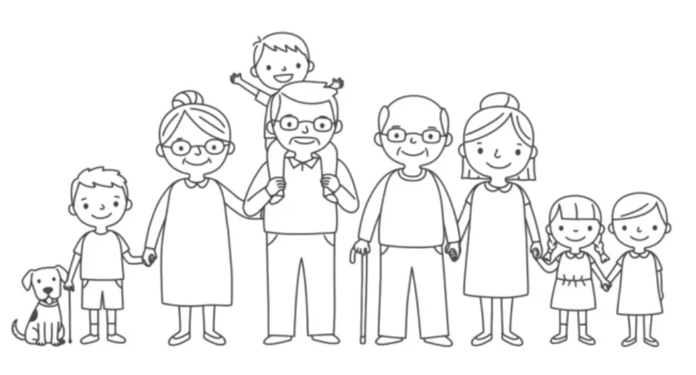 A multi-generational family stands together, holding hands, with a dog. Represents unity in home improvements.